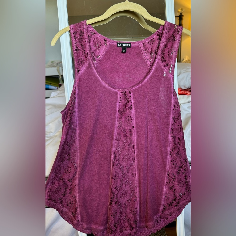 Express Short Sleeve Laced Magenta Top